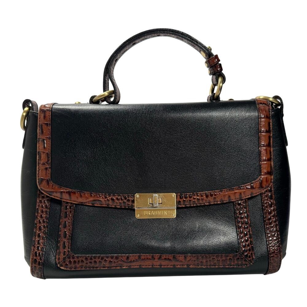Brahmin Oxford Flap Black Tri Color Tuscan Satchel Black Tuscan Crossbody Purse